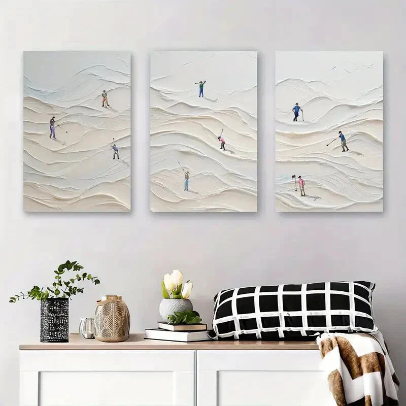 3pcs Golf Course Scene Sand with Golf Players Metal Print Ready to Hang Art