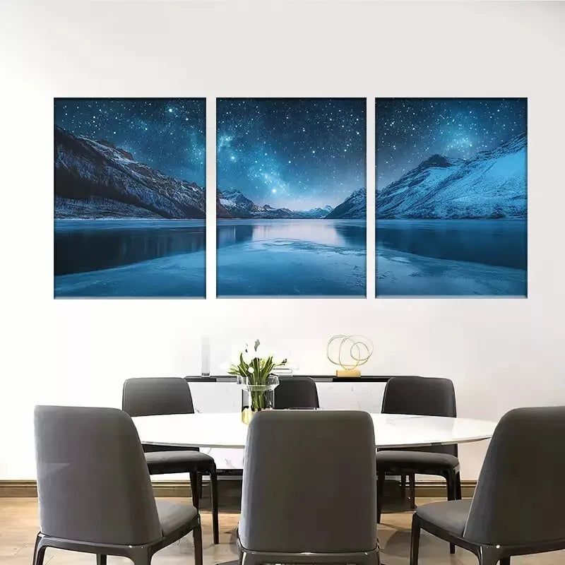 3pcss Vibrant Starry Night Mountain Lake Wall Art Set Canvas Framed 40x60cm - High Quality Print 100% Australian Made Wall Canvas Ready to Hang