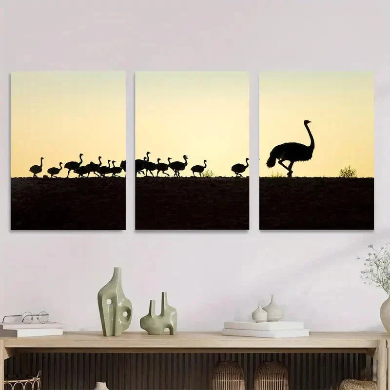 3pcs Ostrich Silhouette with Sunset Landscape Metal Print Ready to Hang Art
