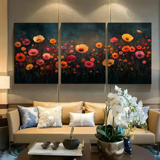 3pcs Wildflowers At Midnight Boho Minimalist Metal Print Ready to Hang Art