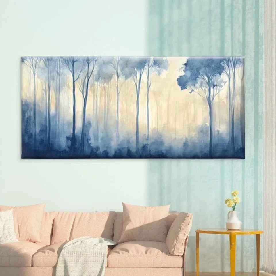 Dreamy Blue Forest Wall Art Canvas Office Home Room Framed 80x45cm
