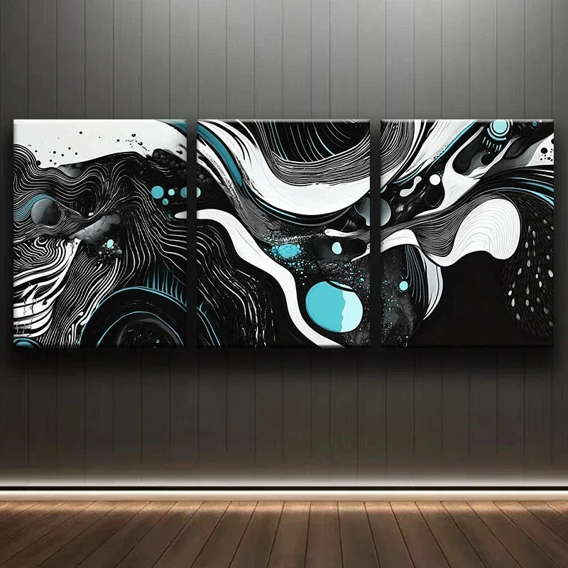 3pcs Black White Swirl Light Blue Metal Print Ready to Hang Art