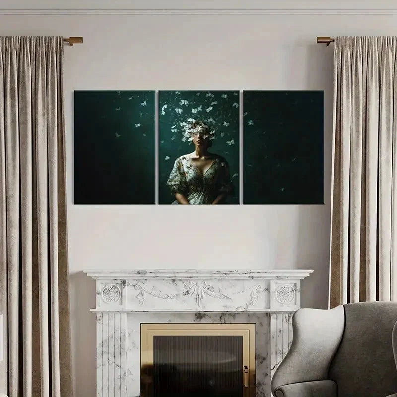 3pcs Artistic Woman Portrait Ethereal Butterfly Metal Print Ready to Hang Art