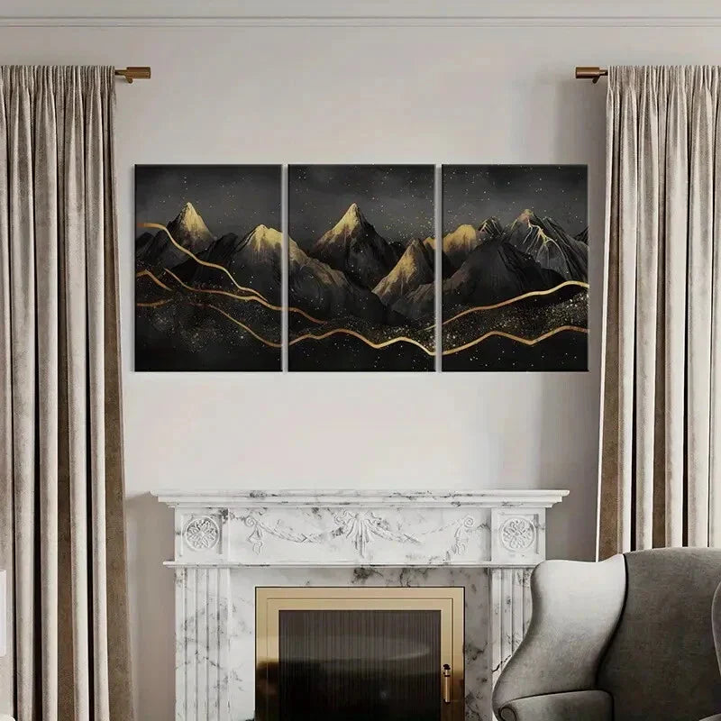 3pcs Mountains, Night Sky, Golden Lines Metal Print Ready to Hang Art