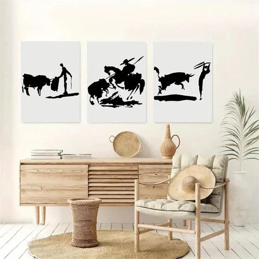 3pcs Bull Silhouette Classic Modern Style Metal Print Ready to Hang Art