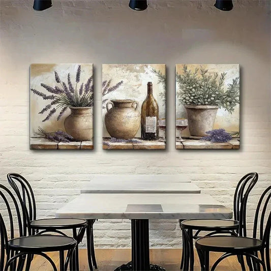 3pcs Lavender & Wine Bottles in Earthen Pots Metal Print Ready to Hang Art