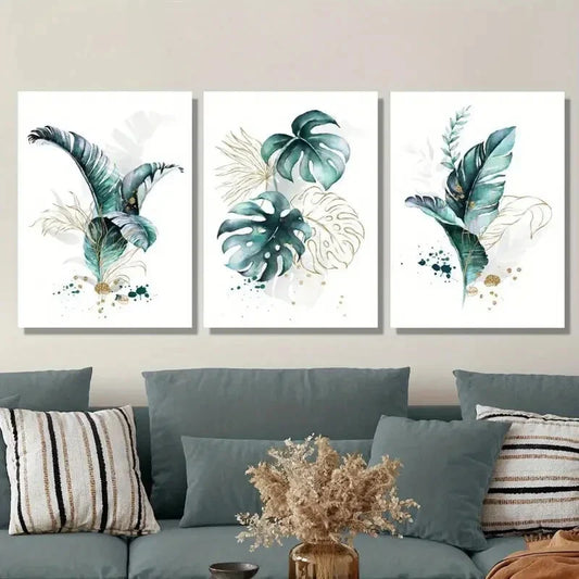 3pcs Golden Lines and Tropical Plants, Metal Print Ready to Hang Art