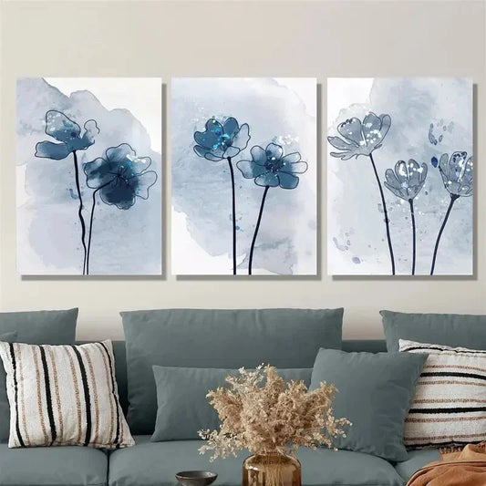 3pcs Blue botanical abstract art, botanical flower MetalPrint Ready to Hang Art