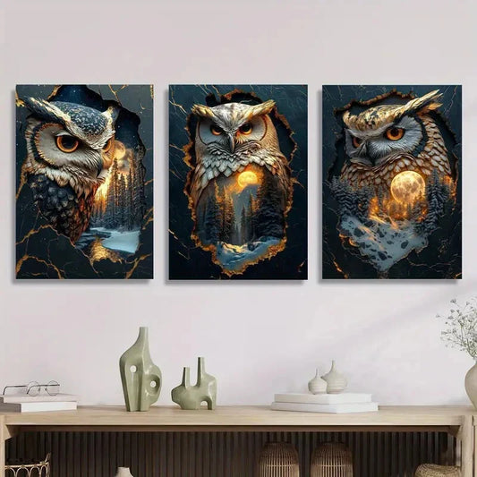 3pcs Mystical Owl Guardian Fantasy Forest Metal Print Ready to Hang Art