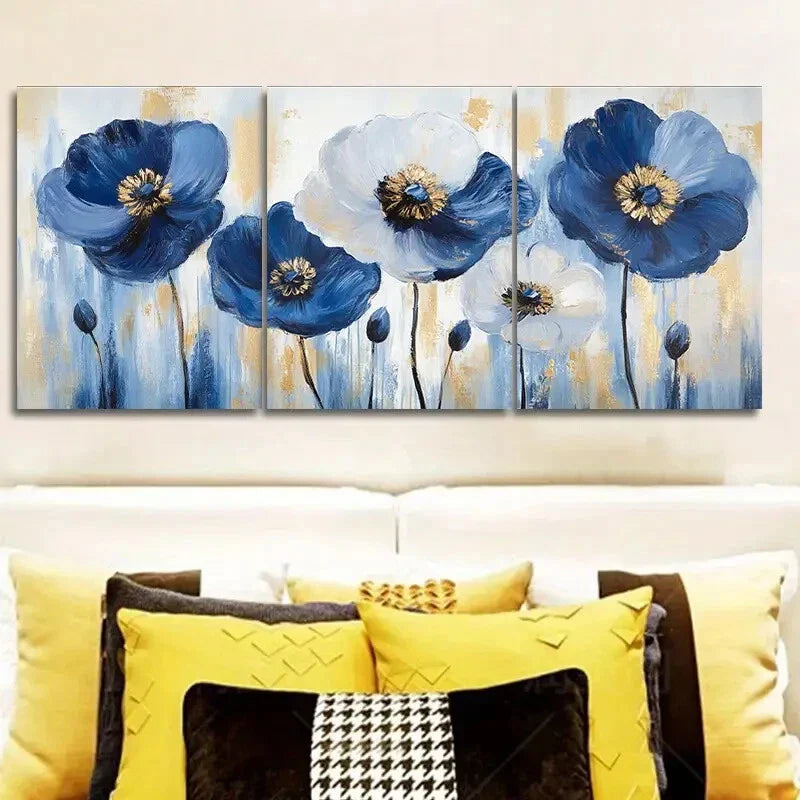 3pcs Abstract Blue Poppies Painting Metal Print Ready to Hang Art