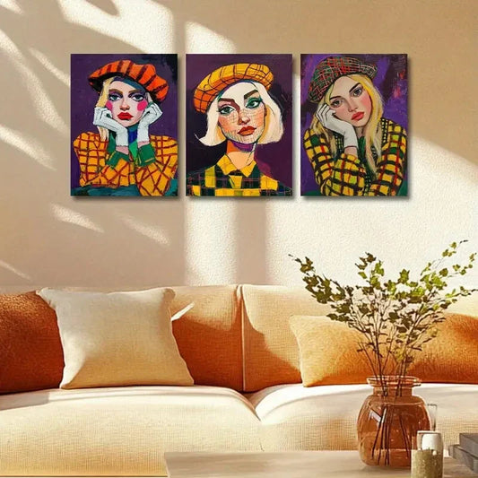 3pcs Vibrant Colorful Modern Abstract Girl Metal Print Ready to Hang Art