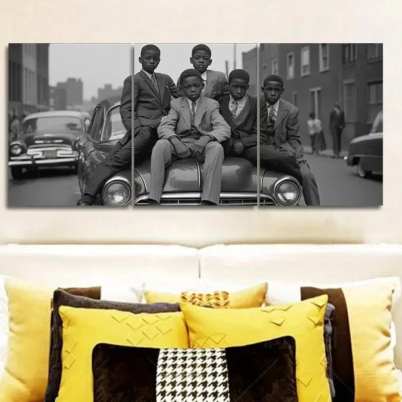 3pcs Vintage Car & Teens Scene Metal Print Ready to Hang Art