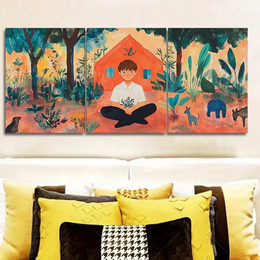 3pcs Vibrant Boy & Wildlife Scenes Wall Art Set Canvas Framed 40x60cm - High Quality Print 100% Australian Made Wall Canvas Ready to Hang