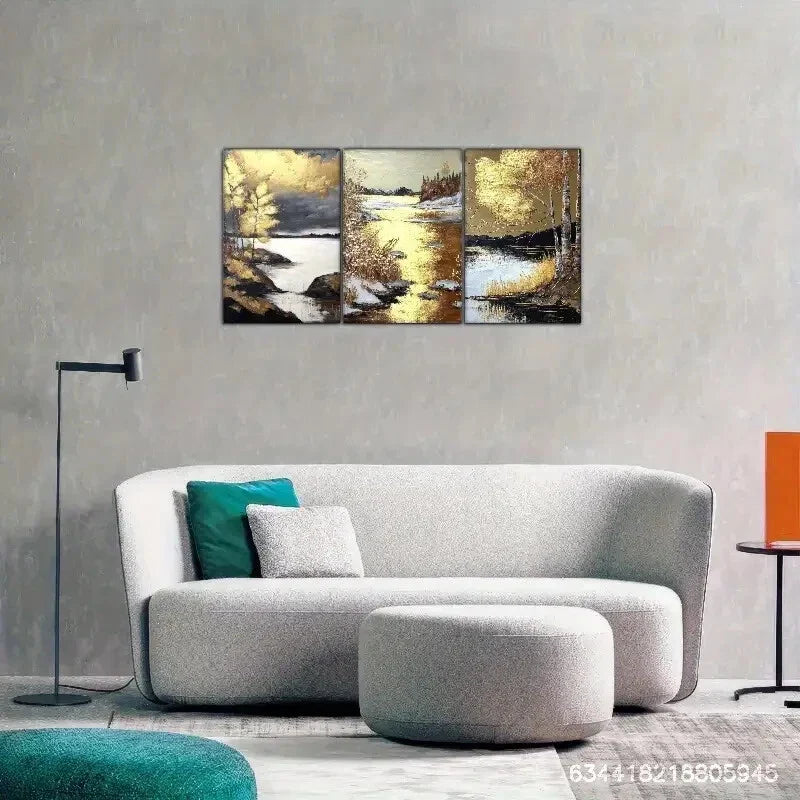 3pcs Golden Shine, Golden Birch And Golden Beauty Metal Print Ready to Hang Art