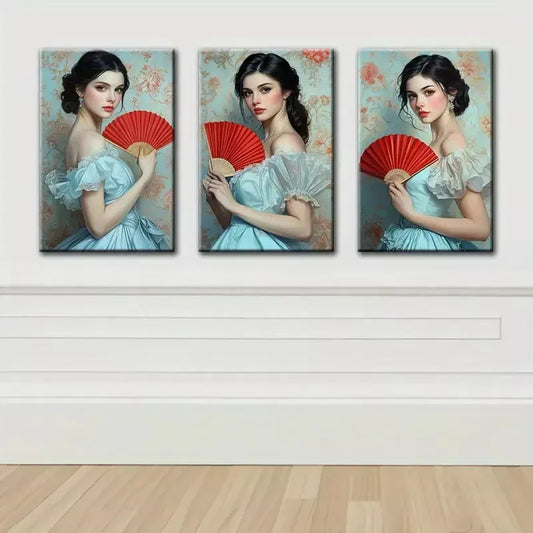 3pcs Elegant Girl with Red Fan Canvas Framed 40x60cm - High Quality Print 100% Australian Made Wall Canvas Ready to Hang