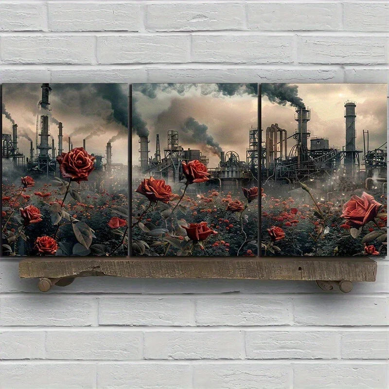 3pcs Red Roses Black Smoke Clouds Metal Print Ready to Hang Art