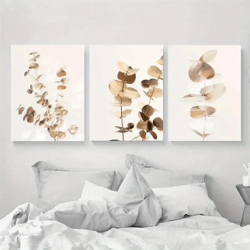 3pcs Eucalyptus Leaf Golden & Brown Foliage Metal Print Ready to Hang Art