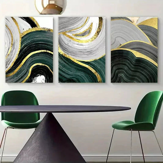 3pcs Abstract Golden Green Marble Line Canvas Framed 40x60cm - High Quality Print 100% Australian Made Wall Canvas Ready to Hang