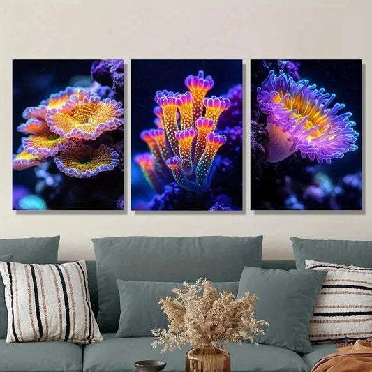 3pcs Fantasy rainbow sea life, colorful Metal Print Ready to Hang Art