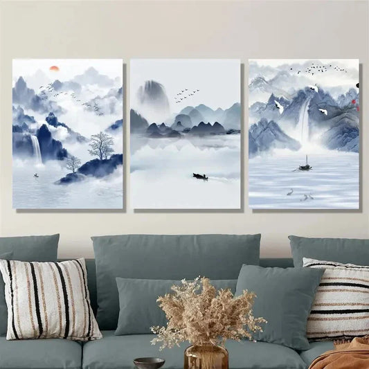 3pcs Sky Blue Ink Painting Landscape Art Metal Print Ready to Hang Art