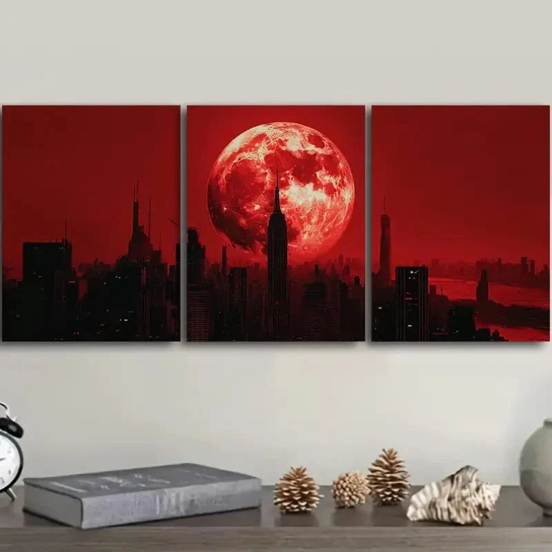 3pcs Big Red Moon Cityscape Wall Art Set Canvas Framed 40x60cm - High Quality Print 100% Australian Made Wall Canvas Ready to Hang