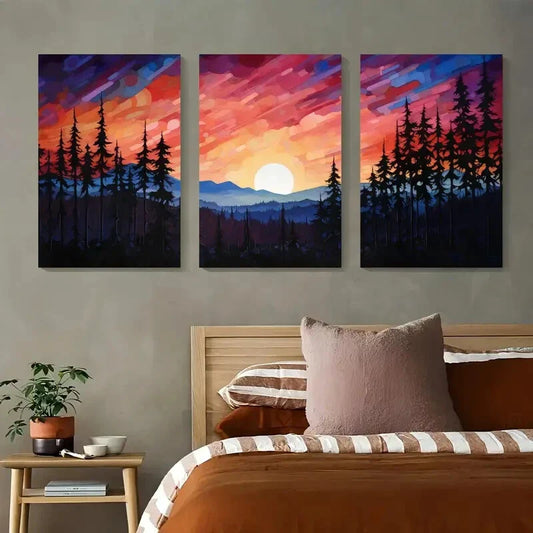 3pcs Vibrant Sunset Forest Canvas Triptych Metal Print Ready to Hang Art