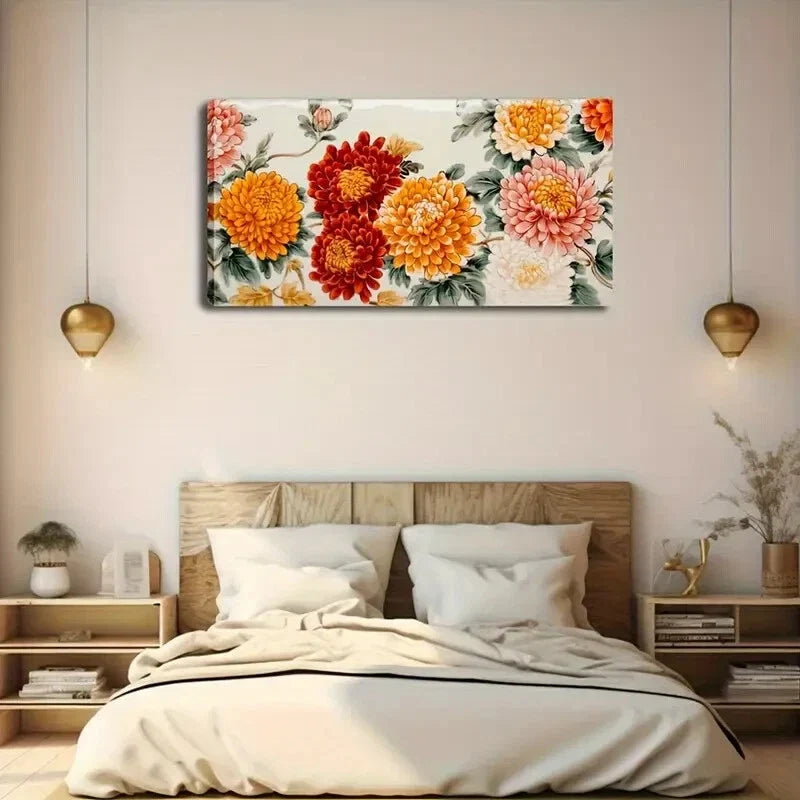 Orange & White Chrysanthemums Wall Art Canvas Office Home Room Framed 120x60cm