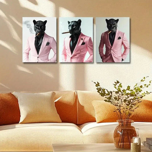 3pcs Featuring Leopards in Pink Suits Metal Print Ready to Hang Art