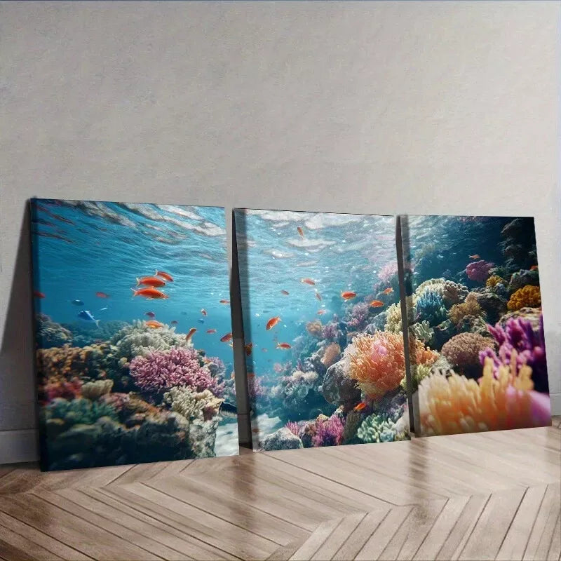 3pcsVibrant Coral Reef & Fish Design Nature Wall Art Set Canvas Framed 40x60cm - High Quality Print 100% Australian Made Wall Canvas Ready to Hang