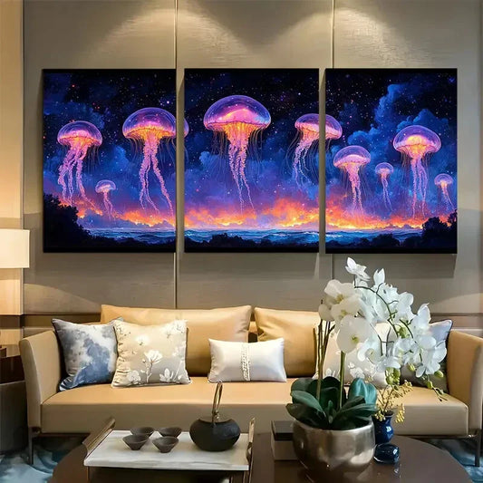 3pcs Jellyfish Floating Above The Water Metal Print Ready to Hang Art