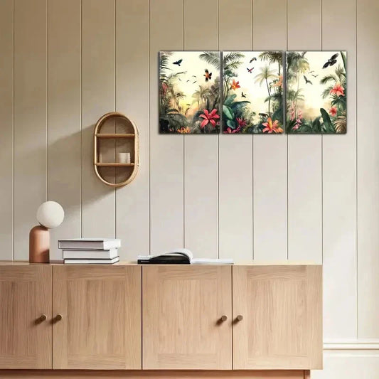 3pcs Vibrant Tropical Jungle Birds and Flowers Metal Print Ready to Hang Art