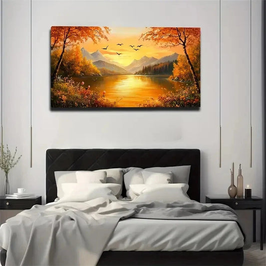Sunset Over Lake With Mountains Wall Art Canvas Office Home Room Framed 120x60cm