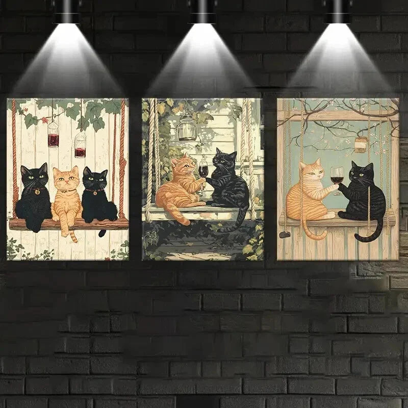 3pcs Contemporary Cat Illustrations Wall Art Set Canvas Framed 40x60cm - High Quality Print 100% Australian Made Wall Canvas Ready to Hang
