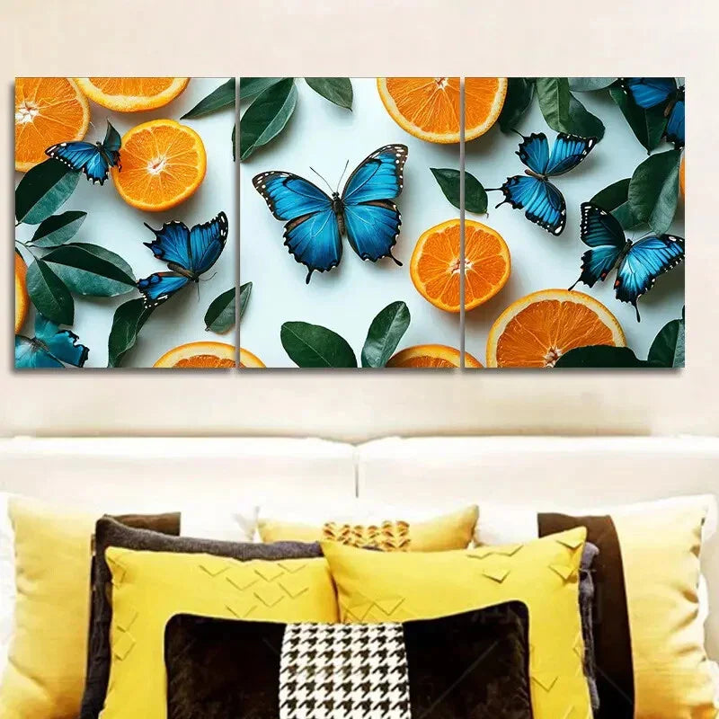 3pcs Blue Butterflies & Orange Limbs Metal Print Ready to Hang Art