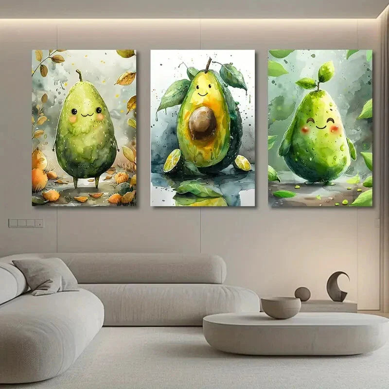 3pcs Cute Avocado Face Green Leaves Brown Leaves Metal Print Ready to Hang Art