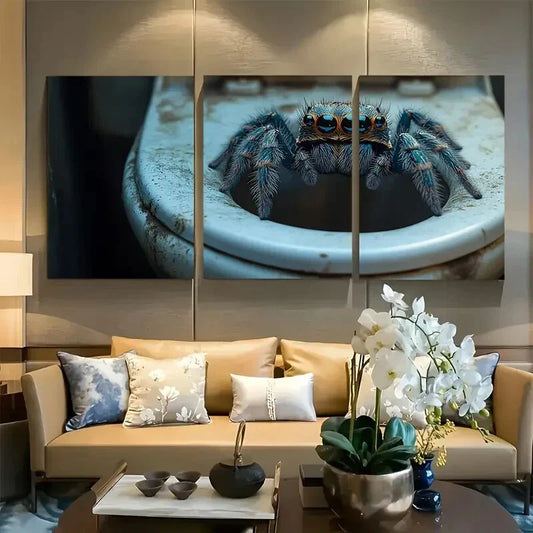 3pcs Whimsical Tarantula on Toilet Metal Print Ready to Hang Art