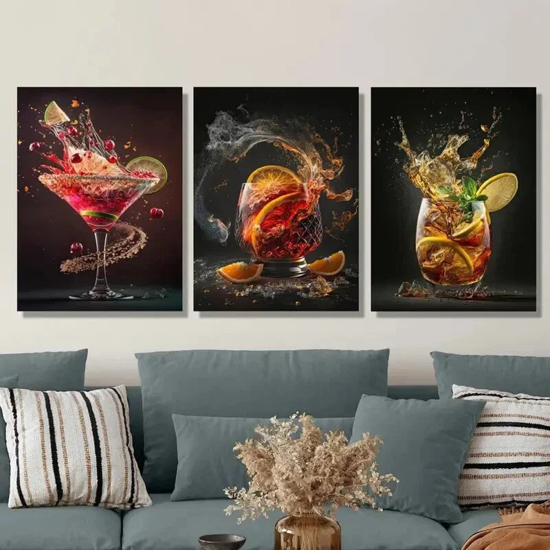 3pcs ,Vibrant Beverage Artwork Metal Print Ready to Hang Art