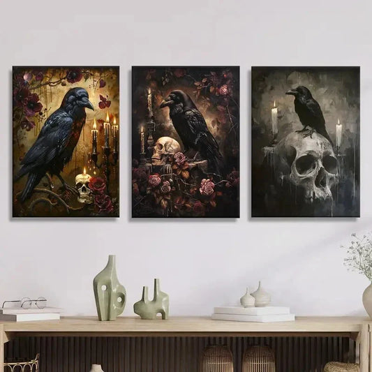 3pcs ,Skeleton Crow Art Dark Fantasy Metal Print Ready to Hang Art