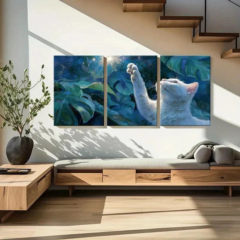 3pcs White Cat Reaching Stars Dreamy Night Metal Print Ready to Hang Art