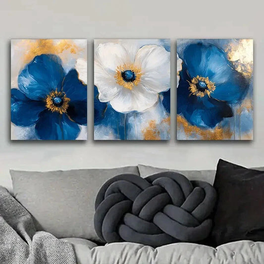 3pcs Abstract Blue Poppies Painting, Art Metal Print Ready to Hang Art