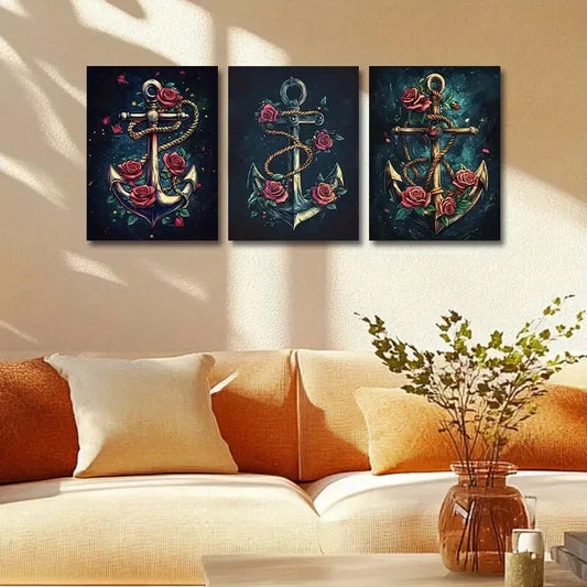 3pcs An Anchor with Roses Design Metal Print Ready to Hang Art