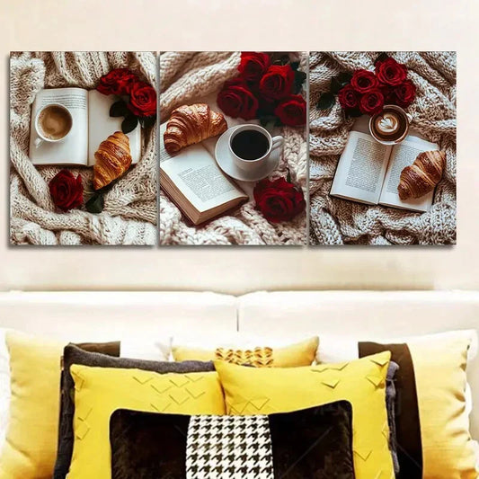 3pcs A book, red roses, bread Wall Art Set Canvas Framed 40x60cm - High Quality Print 100% Australian Made Wall Canvas Ready to Hang