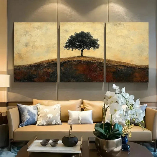 3pcs Sepia Toned Solitary Tree on Hill Metal Print Ready to Hang Art