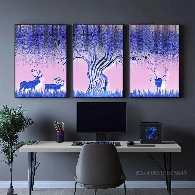 3pcs Sika deer, Golden trees decoration poster Metal Print Ready to Hang Art