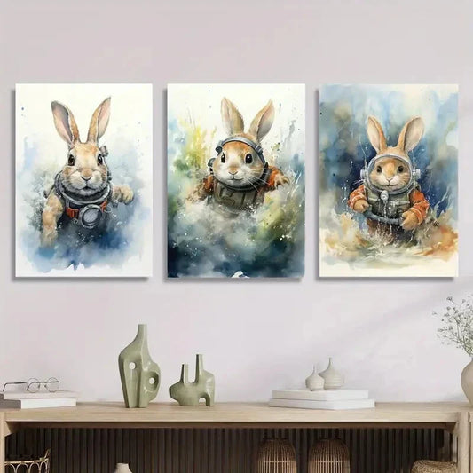 3pcs Vintage Watercolor Rabbit Diving, Metal Print Ready to Hang Art