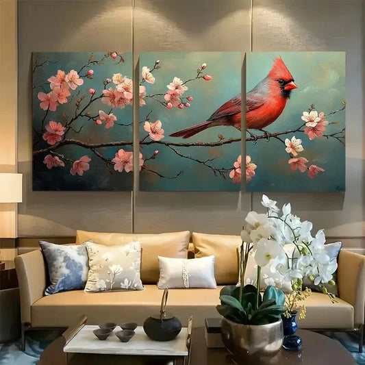 3pcs Red Cardinal with Cherry Blossoms Bird Metal Print Ready to Hang Art