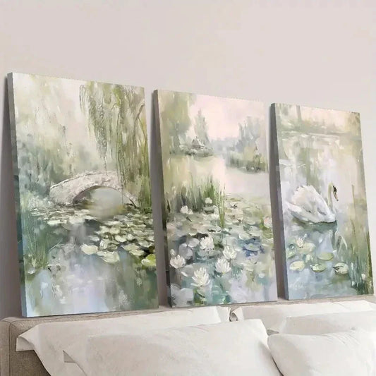 3pcs Depicting Spring Scenes Pond with Water Lily Wall Art Set Canvas Framed 40x60cm - High Quality Print 100% Australian Made Wall Canvas Ready to Hang