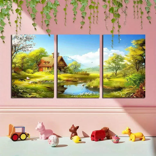 3pcs Spring Landscape with River and Trees Canvas Framed 40x60cm - High Quality Print 100% Australian Made Wall Canvas Ready to Hang