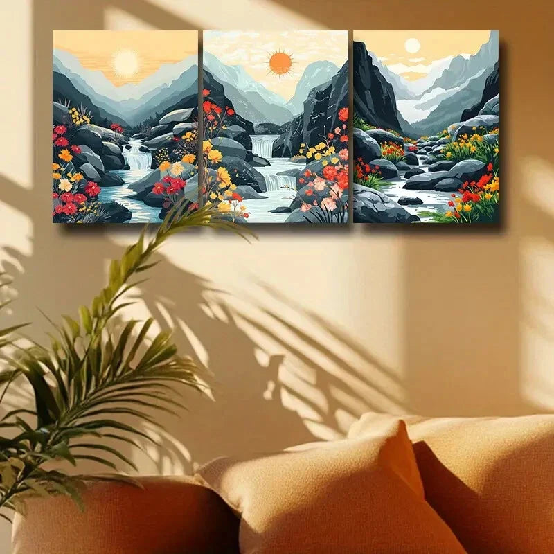 3pcs Yamanaka Mountain Landscape with Florals Metal Print Ready to Hang Art