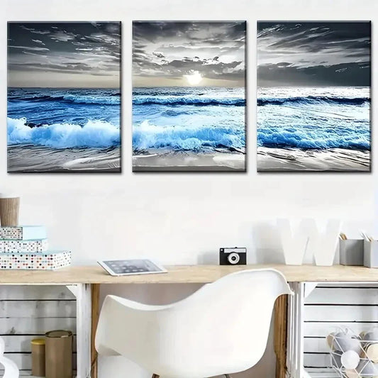 3pcs Black And White Art Of The Blue Sea Metal Print Ready to Hang Art
